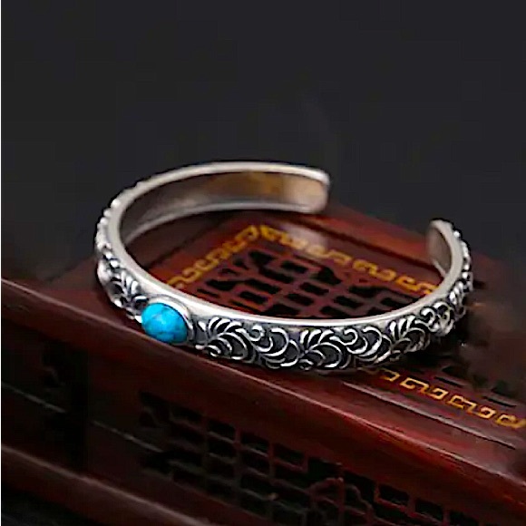 Sterling Silver Turquoise Engraved Bangle Cuff Vintage Bracelet - Picture 2 of 9
